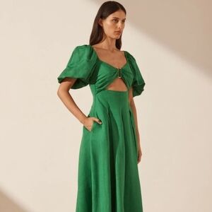 House of Harlow 1960 Green Linen Puff Sleeve Dress
